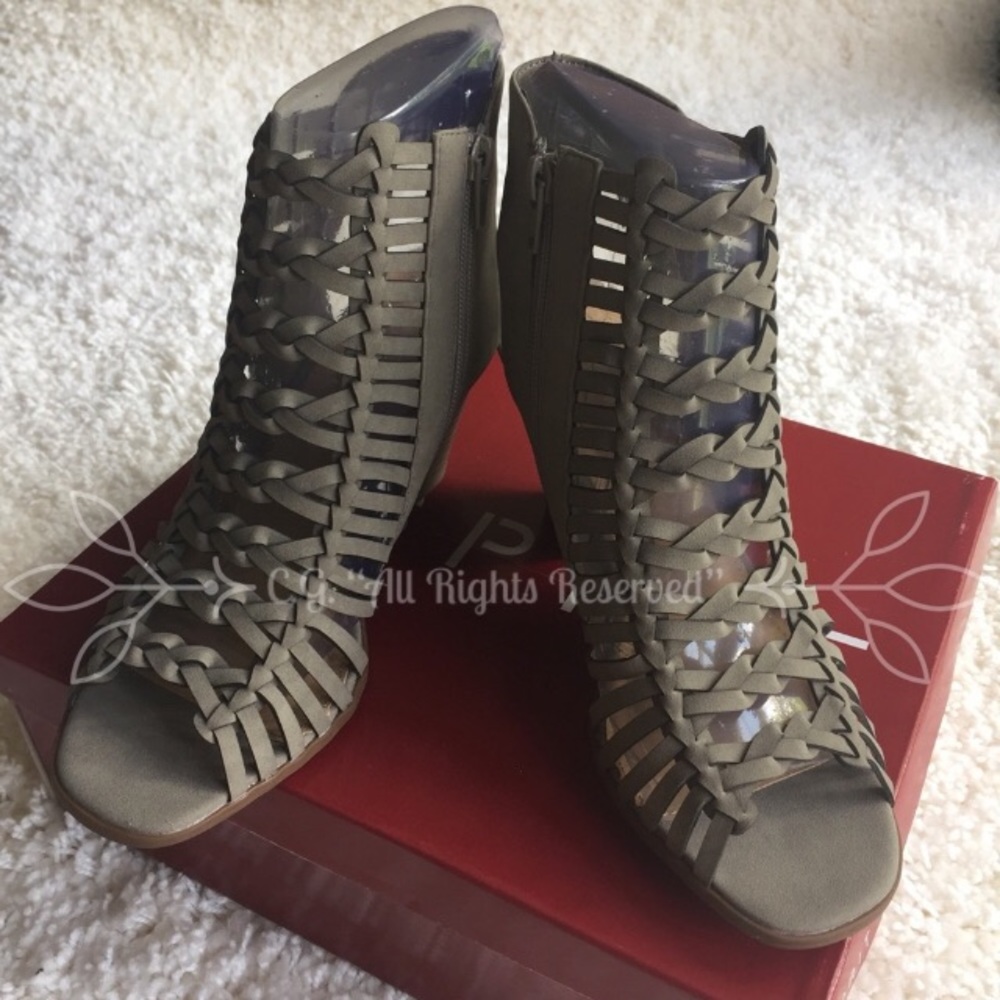 New! Stone Braided caged open toe block heels